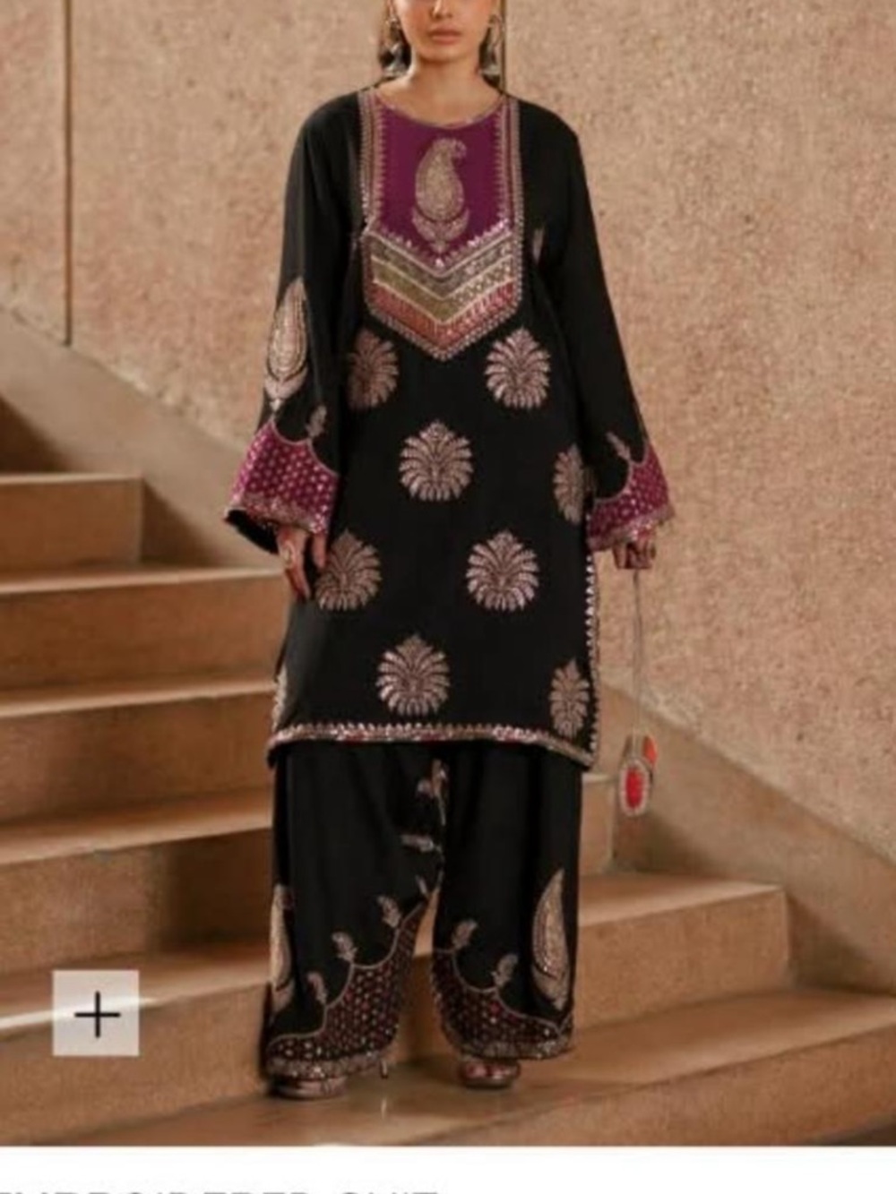 Embroidered Black Tunic Set with Magenta Accents